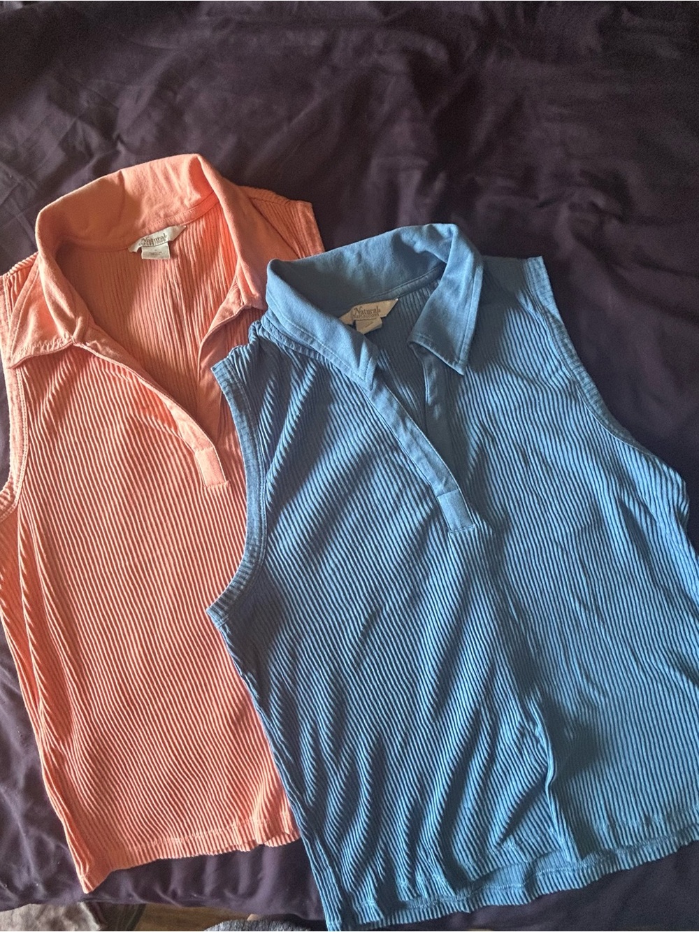 Natural Reflections Sleeveless Ribbed Polo Tops - Coral and Sky Blue